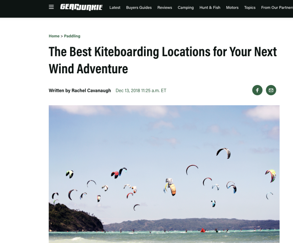 People are pictured kiteboarding in the ocean in an article for GearJunkie.